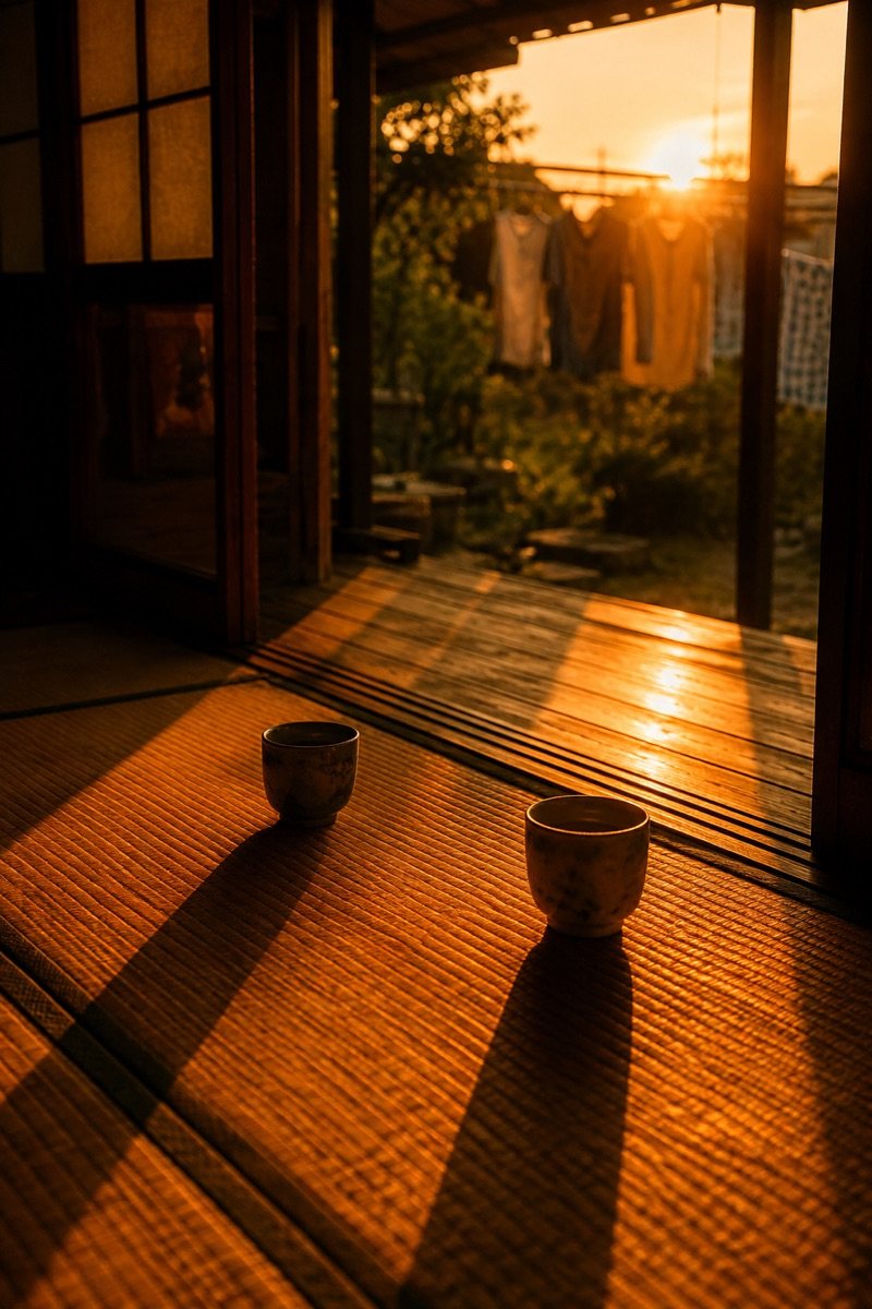 夕暮れの縁側。開け放した障子の向こうに物干しの洗濯物と庭の緑。畳の上に湯呑みがふたつ、長い影を落としている。
